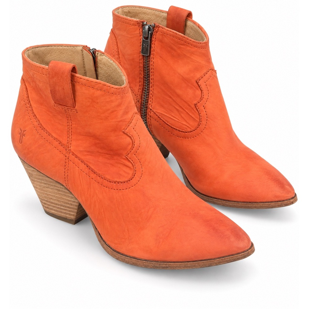 Frye Reina Orange Leather Western Ankle Boots Pointed Toe Stacked Heel Booties 8